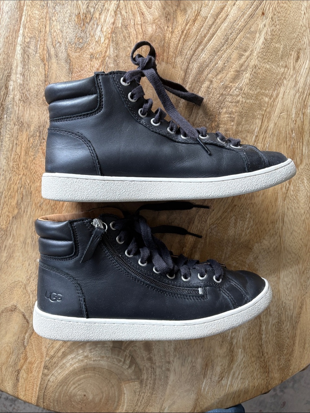 UGG Black Leather High-Top Women's Sneakers with White Sole